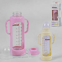 Бутылочка стеклянная для кормления для новорожденных 15374 с силиконовой соской, "Bimbo", 240 мл, 2 цвета,