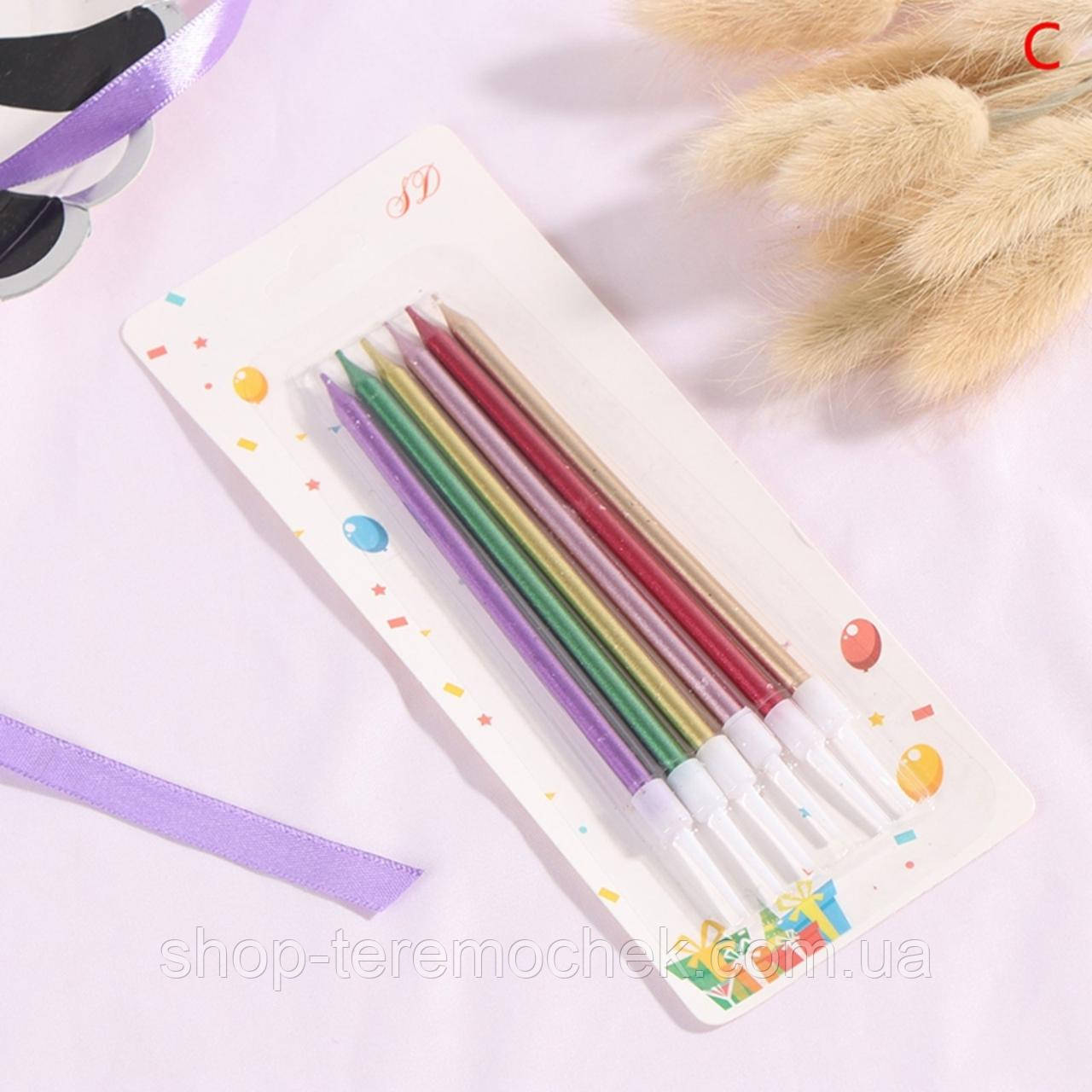 Свічки для торта різнокольорові металік з підставкою 6 шт, фото 1