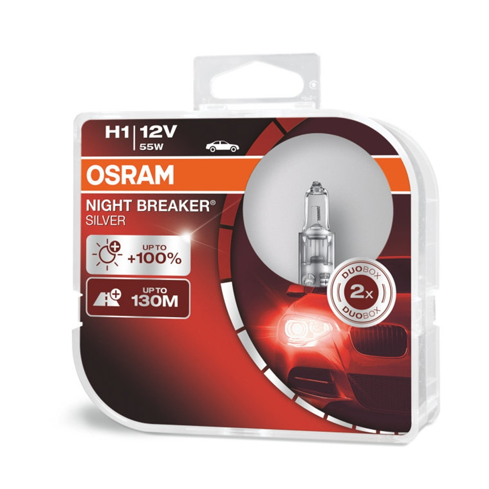 Галогенні лампи для авто Н1 12V 55 W OSRAM Silverstar Night Breaker Silver+100% (2шт)