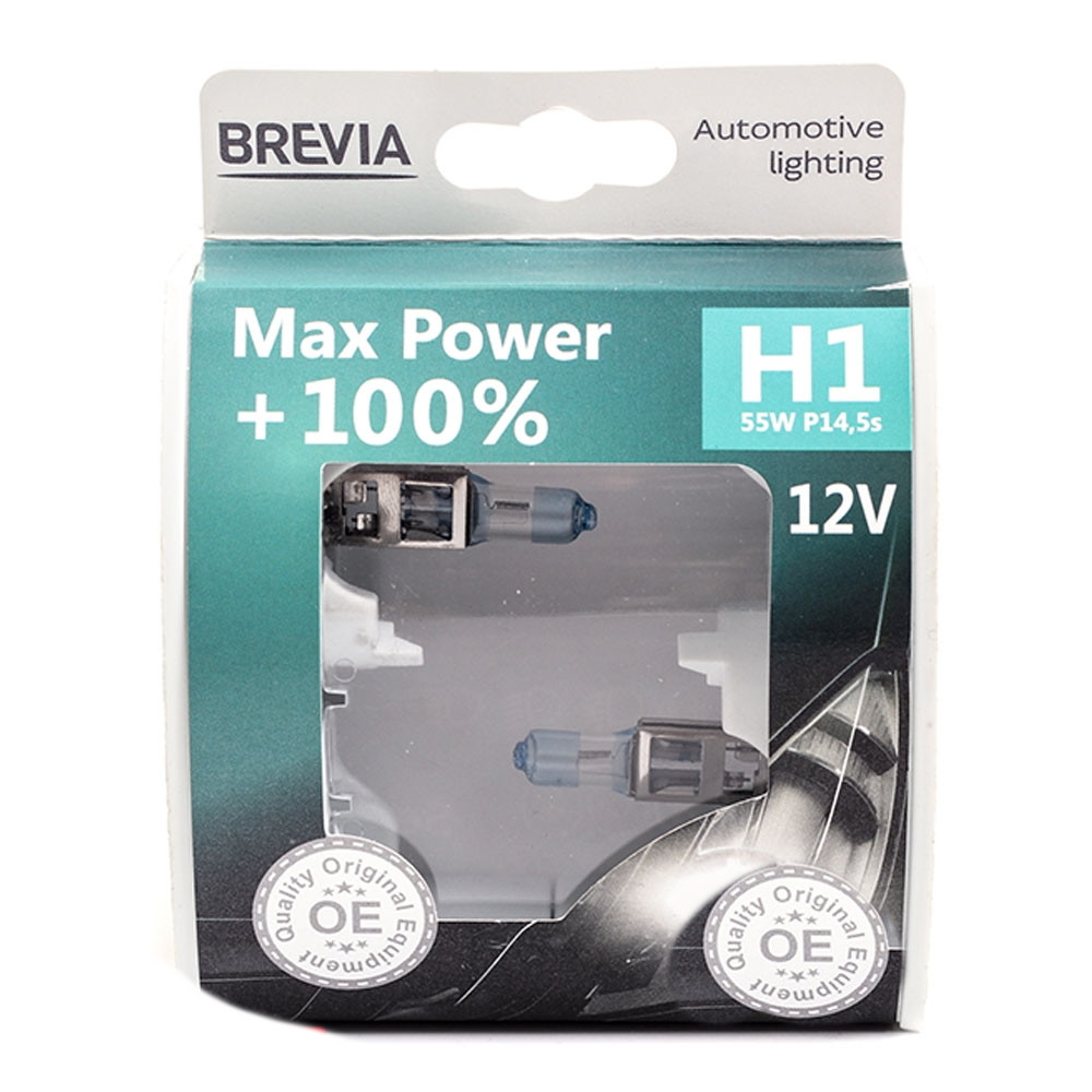 Галогенні лампи для авто Н1 12 V 55 W BREVIA Max Power+100% (2шт)