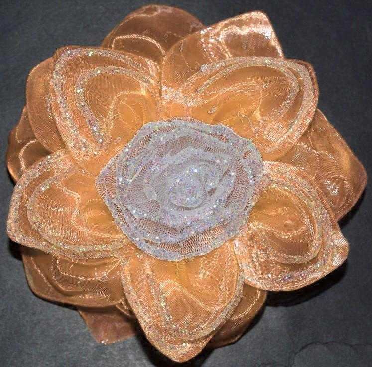 Бант на гумці 11 см 2 шт. органза, жовтогарячий, троянда. блискітки, фото 1