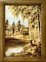 Картина пейзаж из янтаря "Березки возле воды " 30x40 см