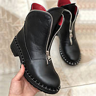 Ботинки сапоги женские зимние кожаные черные на меху на низком ходу турецкие