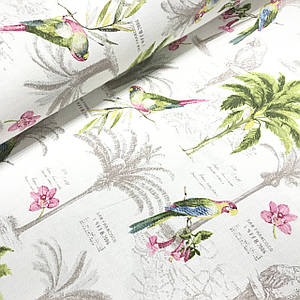 Вафельне полотно, салатово-рожеві папуги з пальмами на білому (шир. 2,40 м)