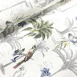 Вафельний полотно, зелено-блакитні папуги з пальмами на білому (шир. 2,40 м)