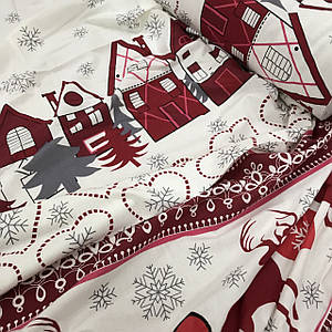 Фланелева тканина сніжинки, будиночки, сердечка червоно-бордові (купон) (шир. 2,4 м) (FL-SA-0227)