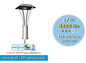 Парковий LED світильник 27 W, 4298 Lm, 5000К, IP65 (аналог паркового світильника НТУ-08-150)