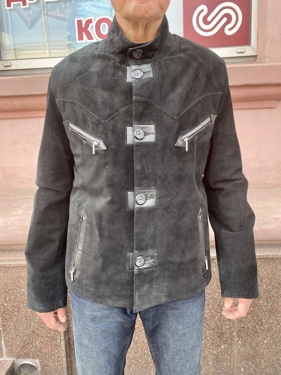 Куртка чоловіча замша натуральна коротка чорна на ґудзиках демісезонна