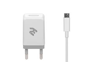 Зарядний пристрій (зарядка) для телефону 2E USB 2.1A+кабель Micro USB 2.4 A Білий (2E-WC1USB2.1A-CM), фото 1