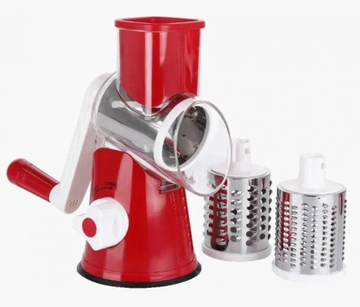 Овочерізка, ручна барабанна терка Kitchen Master 5333, 3 насадки, червона