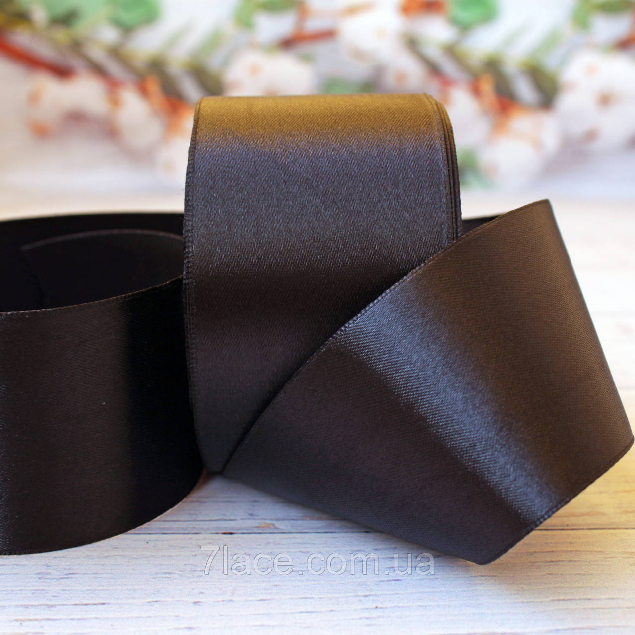 Стрічка атласна однотонна / колір ЧОРНИЙ / ширина 5,0 см / бобіна 23 м, фото 1