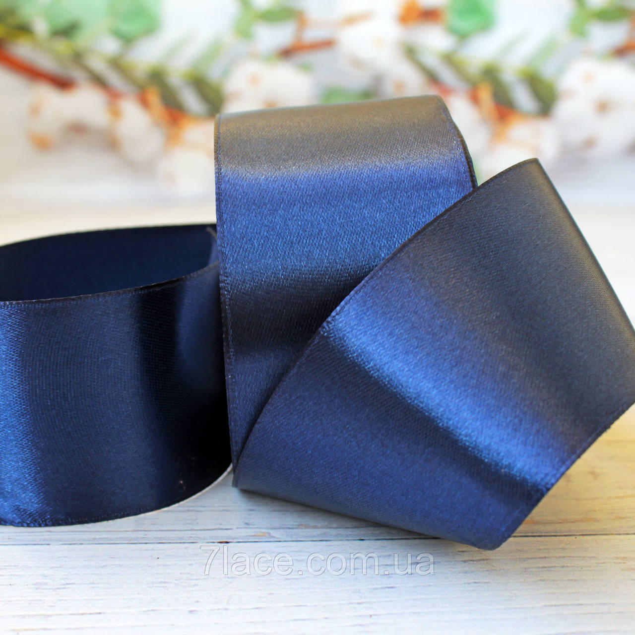Стрічка атласна однотонна / колір САПФІРОВИЙ / ширина 5,0 см / бобіна 23 м