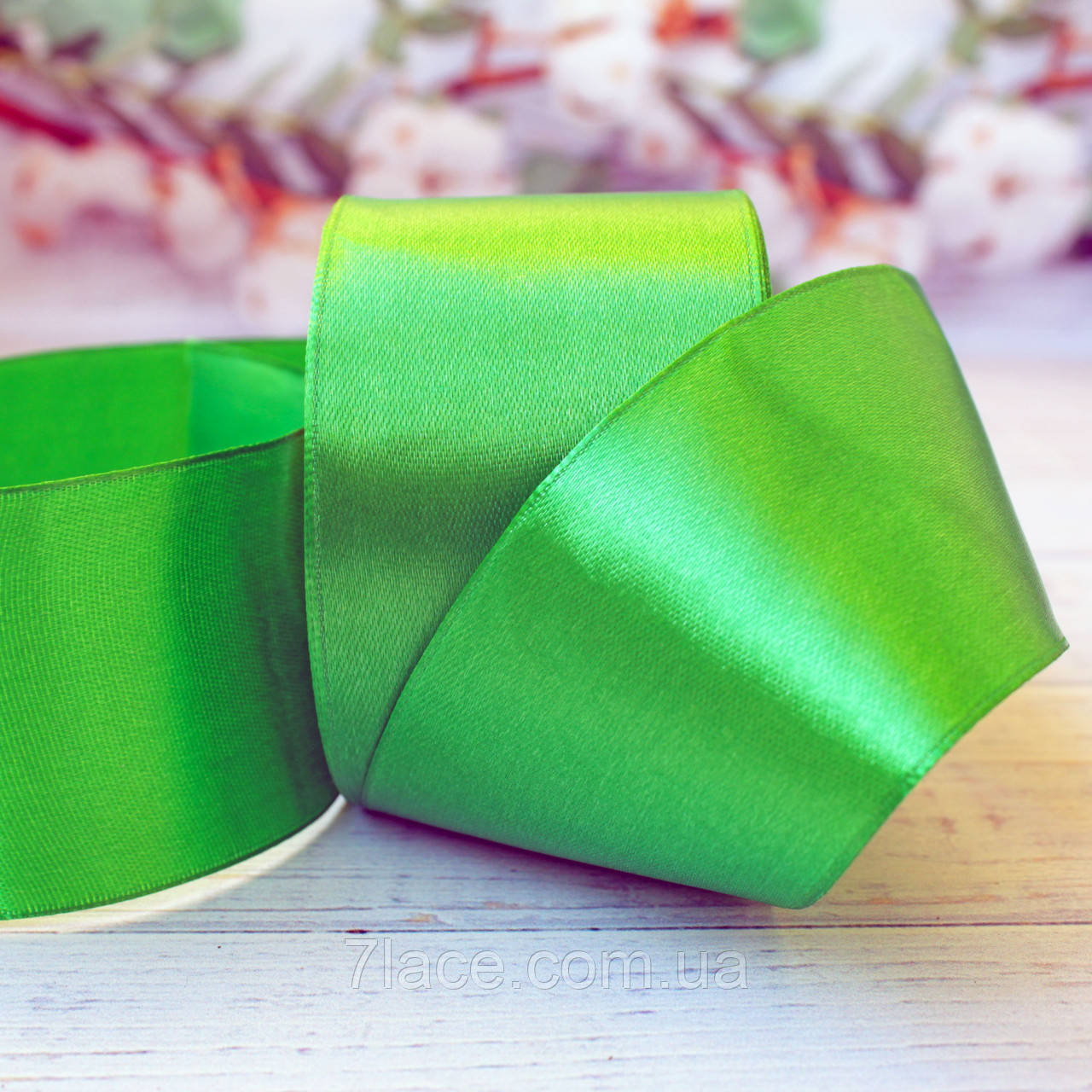 Стрічка атласна однотонна / колір ЗЕЛЕНИЙ / ширина 5,0 см / бобіна 23 м