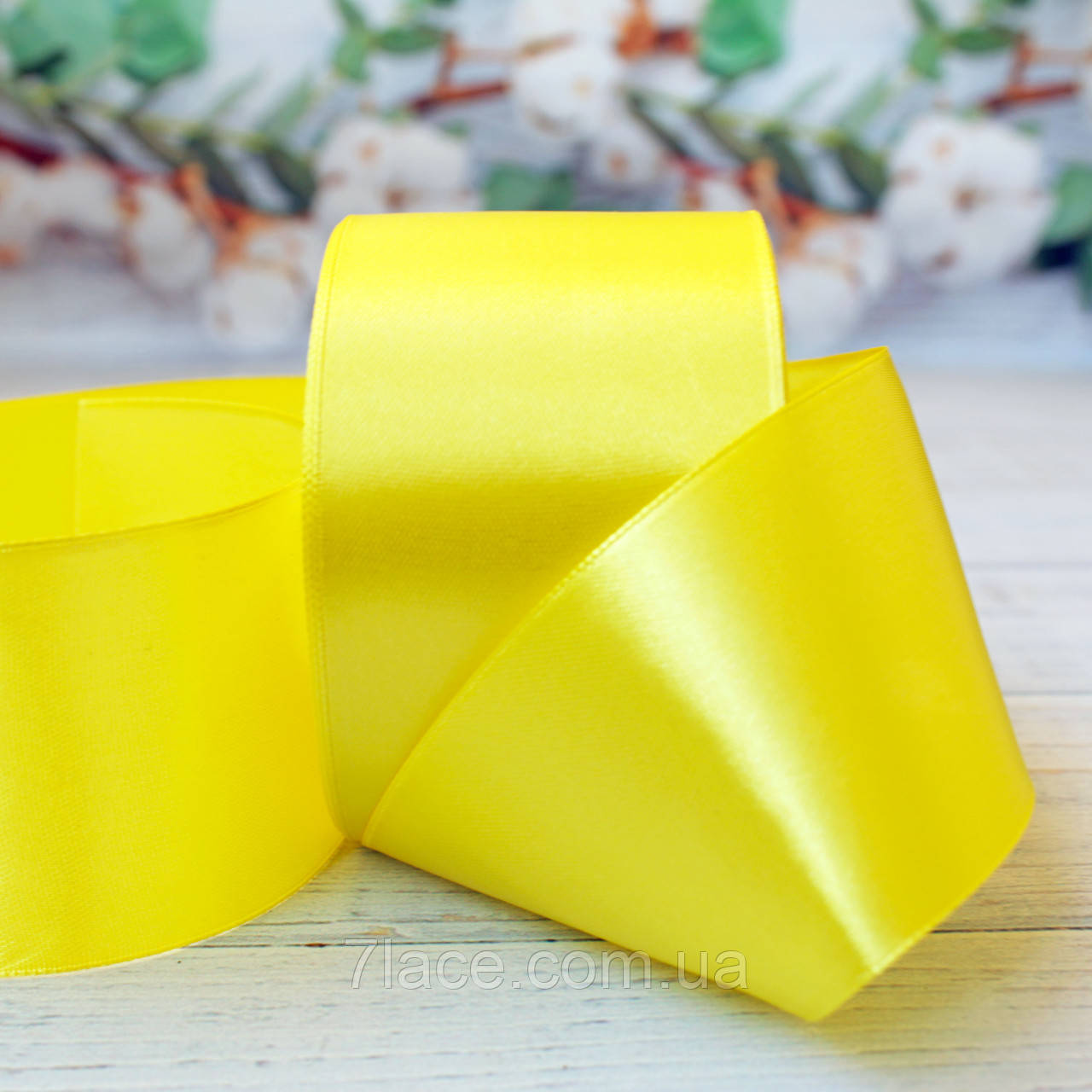 Стрічка атласна однотонна / колір ЖОВТИЙ / ширина 5,0 см / бобіна 23 м, фото 1