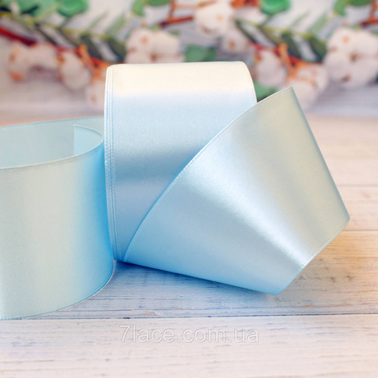 Стрічка атласна однотонна / колір СВІТЛО-БЛАКИТНИЙ / ширина 5,0 см / бобіна 23 м, фото 1
