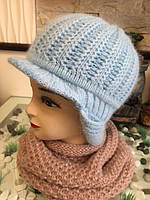 Молодежная женская шапка-ушанка с козырьком,шерстяная, цвет голубой, размер 54-56