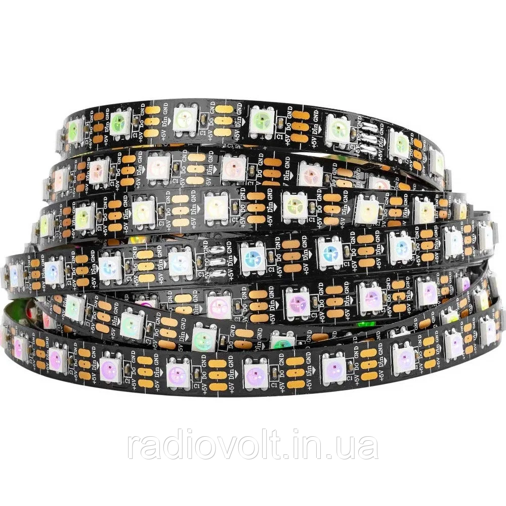 Світлодіодна стрічка WS2812B, RGB, IP30, 60 Світлодіодів/м, 5В, 1м, Чорна підкладка