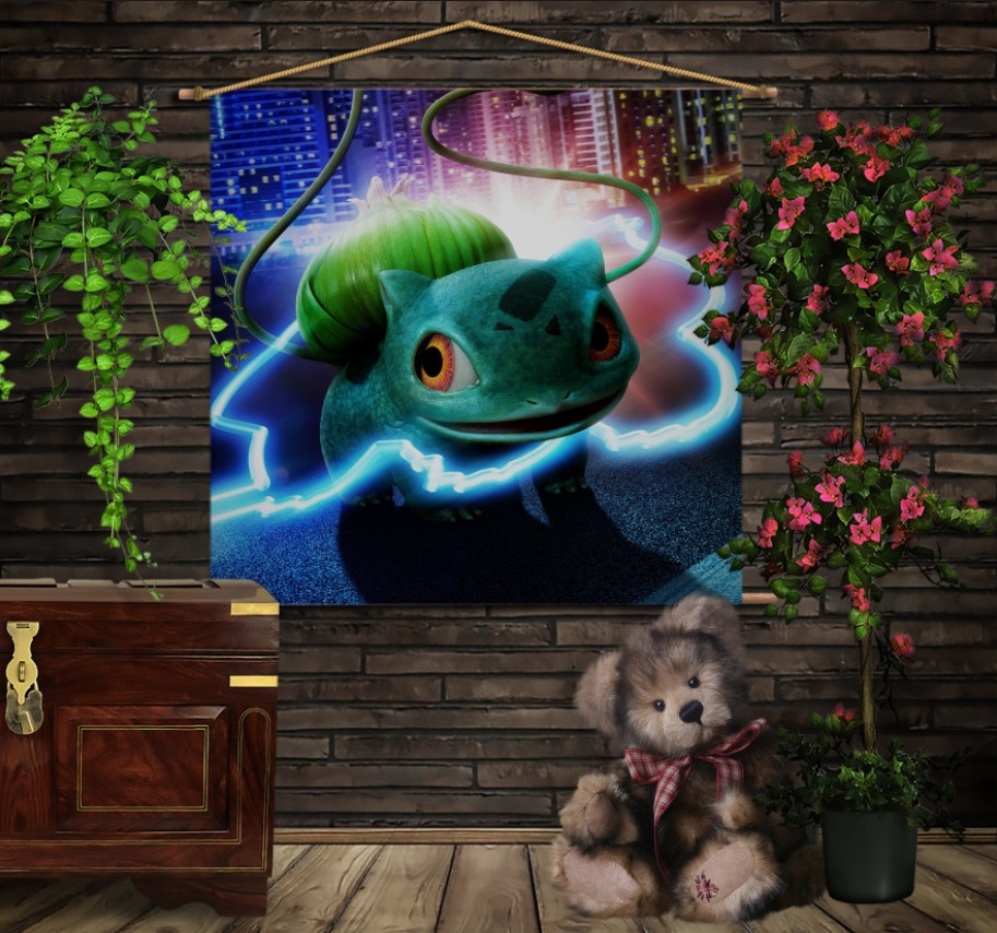 Мобільна картина-постер (гобелен)на тканині з 3D з принтом Покемон Бульбозавр