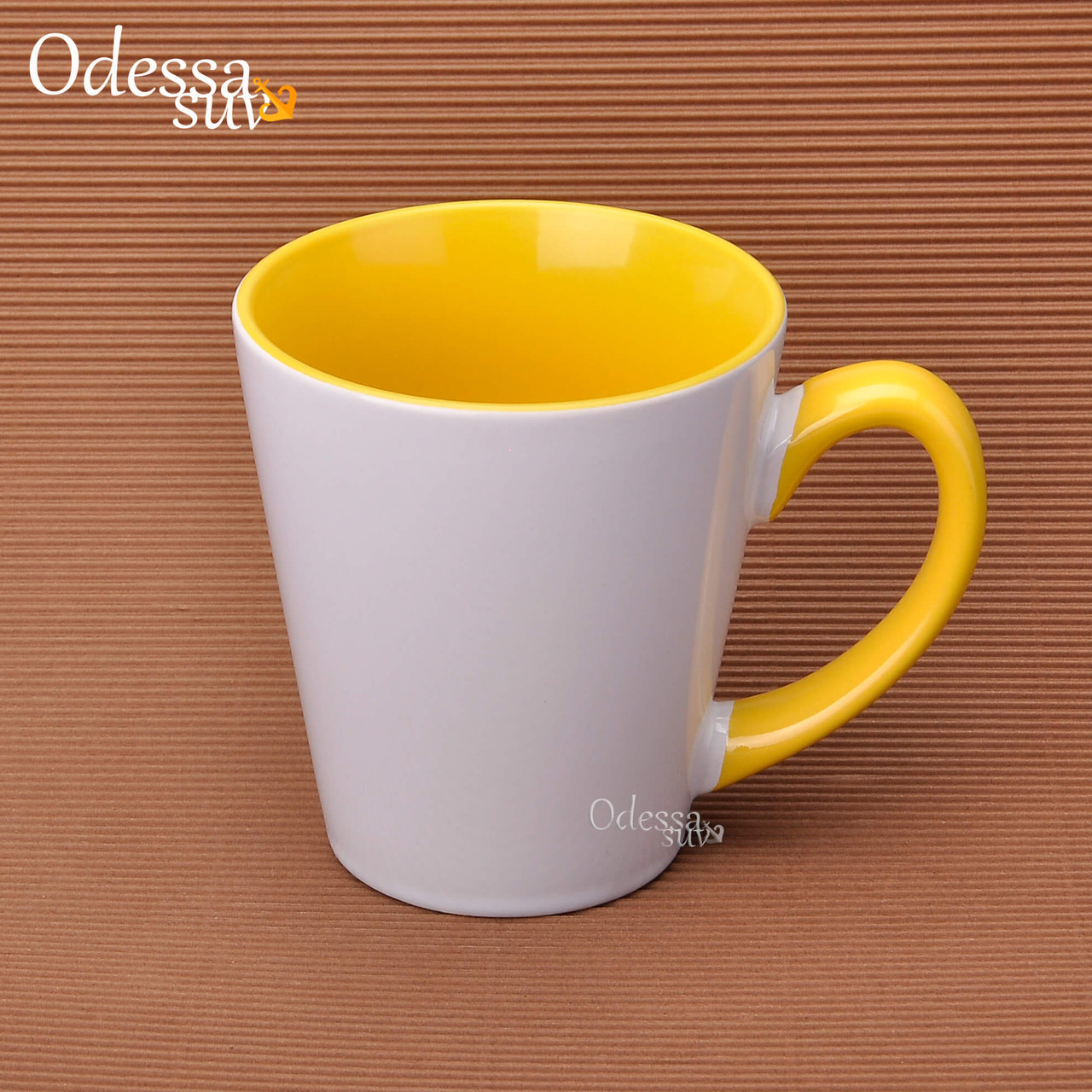 Чашка для латте кольорова всередині і ручка 330мл (жовтий ), фото 1