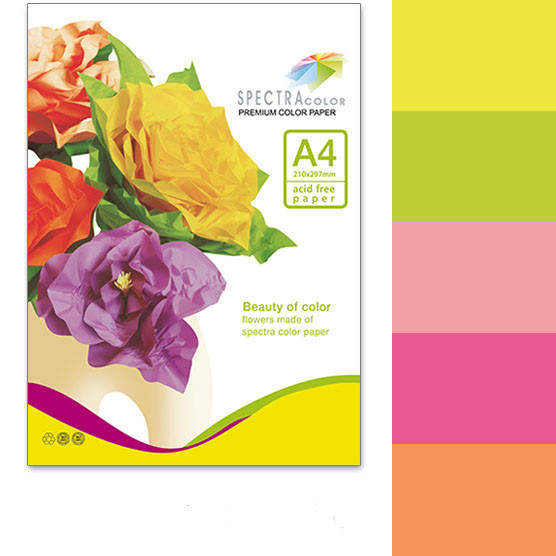 Набір кольорового паперу А4 з 5 неонових кольорів 75 г/м2 - 100 аркушів, Spectra Color