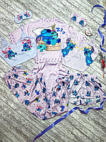 Комплект (пижама 2шт. и халат) женский шелковый с принтом Stitch фиолетовый