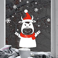 Новорічний декор для вікна та на стіну Бичок та сніжинки (новогодняя наклейка 2021, стикер бык и снежинки)