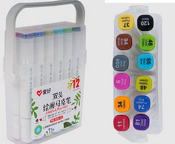 Набір двосторонніх скетч маркери на спиртовій основі "Aihao" AH-PM508-12, 12 штук в пластиковому пеналі