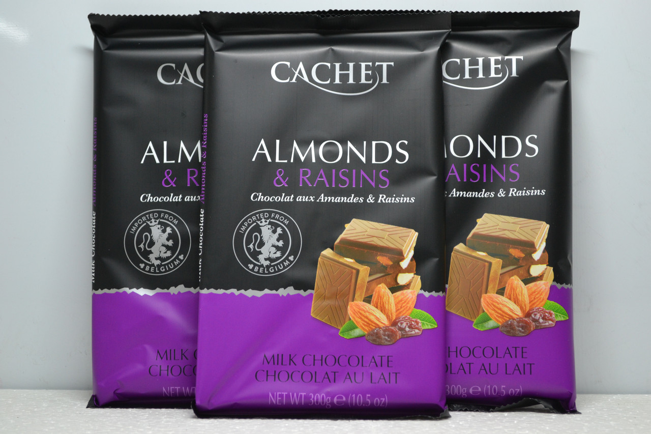 Cachet Шоколад молочний 32% з мигдалем і родзинками (300г.)