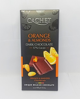 Шоколад чорний Cachet апельсин і мигдаль 57% какао 100 г