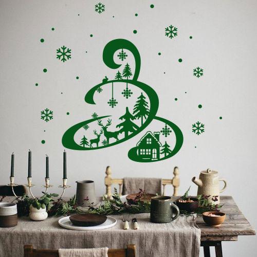 Новорічна інтер'єрна вінілова наклейка Казкова ялинка (стикер новорічна ялинка зі сніжинками), фото 1