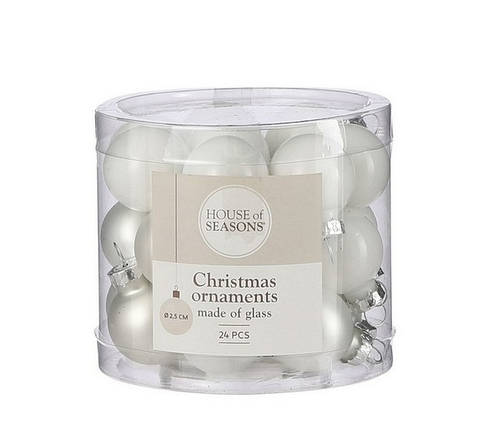 Ялинкові кульки 24 шт, 2,5 см, "House of Seasons" скло, колір білий, фото 1