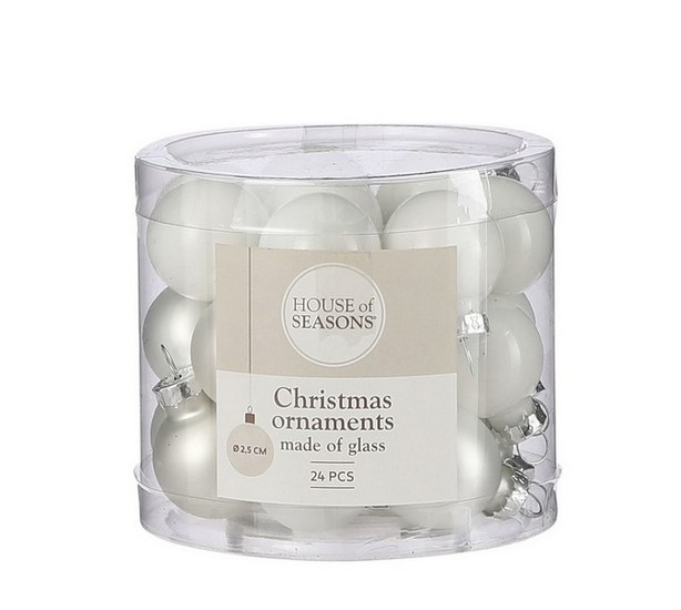 Ялинкові кульки 24 шт, 2,5 см, "House of Seasons" скло, колір білий