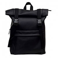 Рюкзак чоловічий чорний роллтоп матова еко-шкіра повсякденний, офісний, для поїздок, ноутбука 15,6