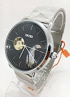 Часы мужские механические Skmei 9201 (Скмеи), цвет серебро с черным циферблатом ( код: IBW522SB )