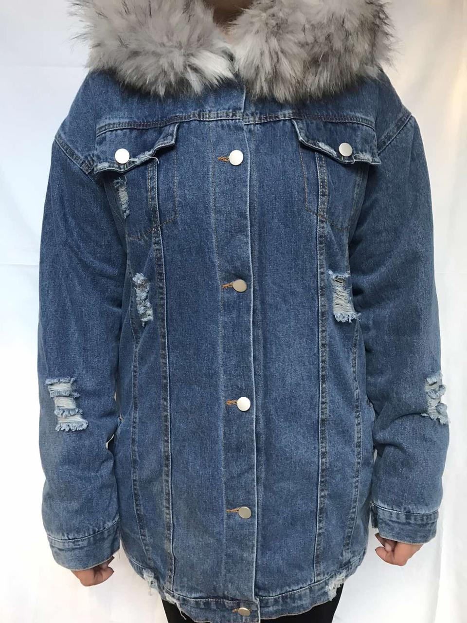 Стильная утепленная молодежная джинсовая курточка с меховым воротником - фото 5 - id-p1280737466