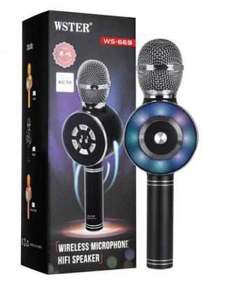 Бездротовий Світлодіодний Мікрофон "Караоке" USB, microSD, AUX, Bluetooth Wster WS-669 чорний, фото 3