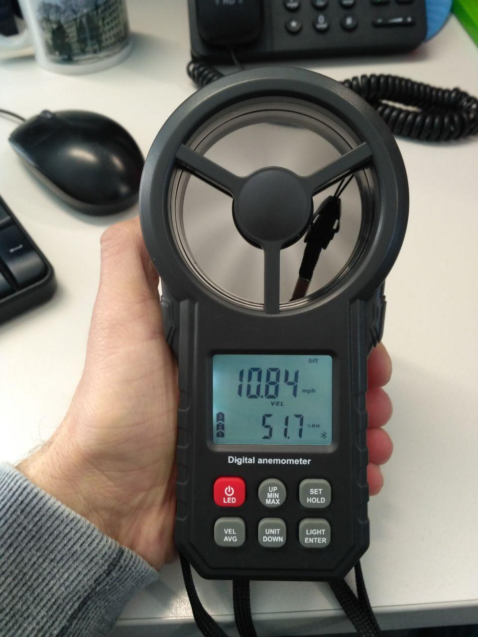 Вимірювач швидкості вітру, анемометр цифровий USB, Bluetooth 0,3-30м/с, -10-45°C WINTACT WT87B