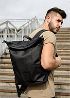 Мужской черный рюкзак роллтоп городской, для поездок, повседневный ролл эко-кожа (качественный кожзам)
