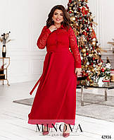 Красное нарядное платье макси с гипюром и поясом, большого размера от 50 до 64
