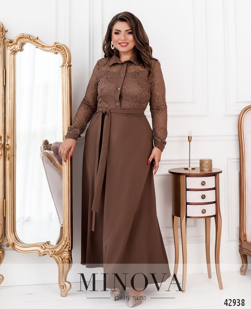Симпатична жіноча сукня максі оздоблена гіпюром, коричневого кольору, великого розміру від 50 до 64