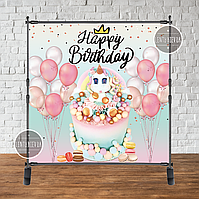 Банер 2х2м. "Єдиноріжок-декор для торта і торт" HAPPY - Фотозона (вініловий) на день народження