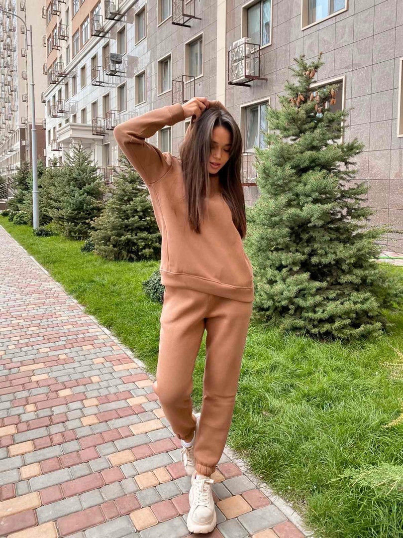 Спортивний костюм жіночий з худі на флісі розміри S, M, L, XL бежевий