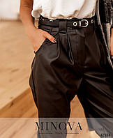 Женские чёрные стильные брюки из экокожи, размер от 42 до 48