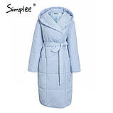 Пуховик жіночий демісезонний довгий осінній. Куртка пальто з капюшоном еврозима (блакитний) L, фото 5