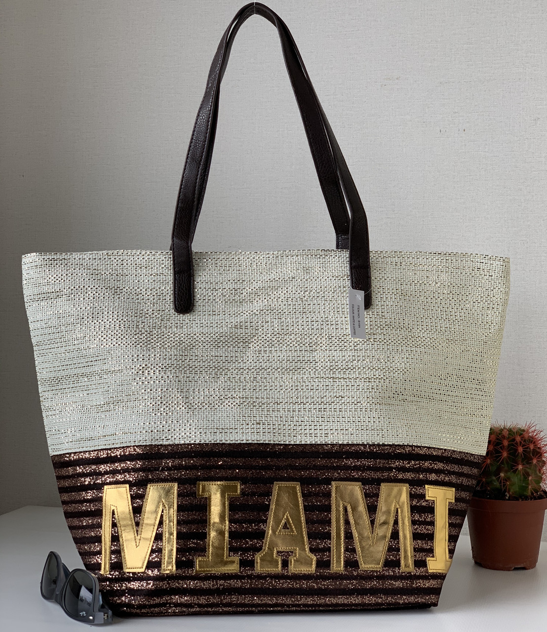 Оригінальна жіноча пляжна сумка шоппер міська яскрава бежево-коричнева