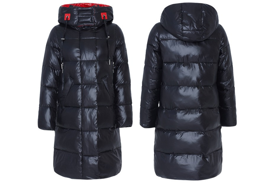 Пуховик женский зимний ICEbear. Куртка теплая удлиненная с капюшоном на биопухе (черный с красной отделкой) - фото 7 - id-p1281329605
