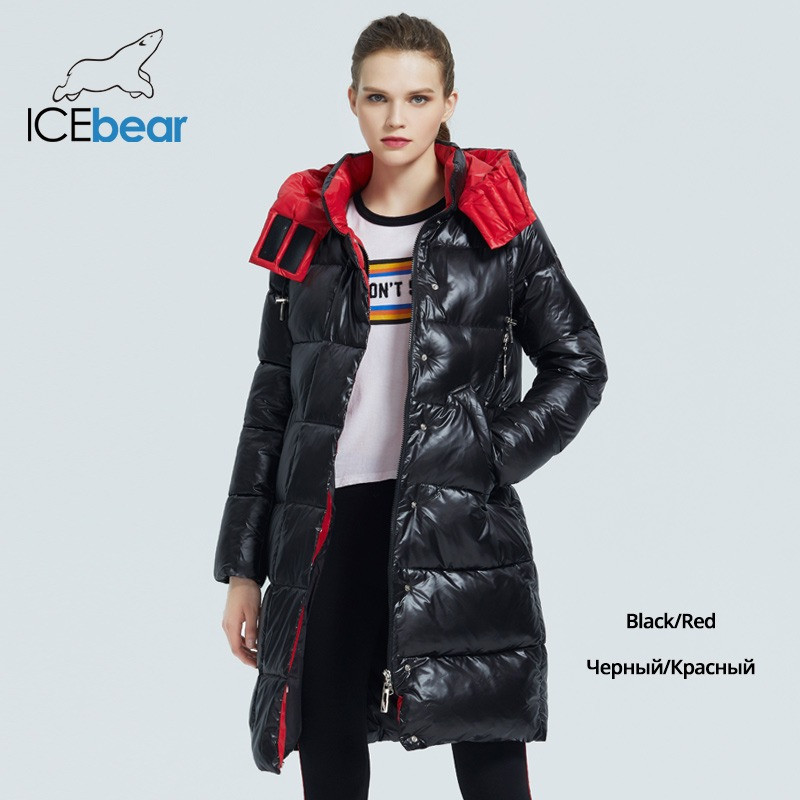 Пуховик женский зимний ICEbear. Куртка теплая удлиненная с капюшоном на биопухе (черный с красной отделкой) - фото 4 - id-p1281329605