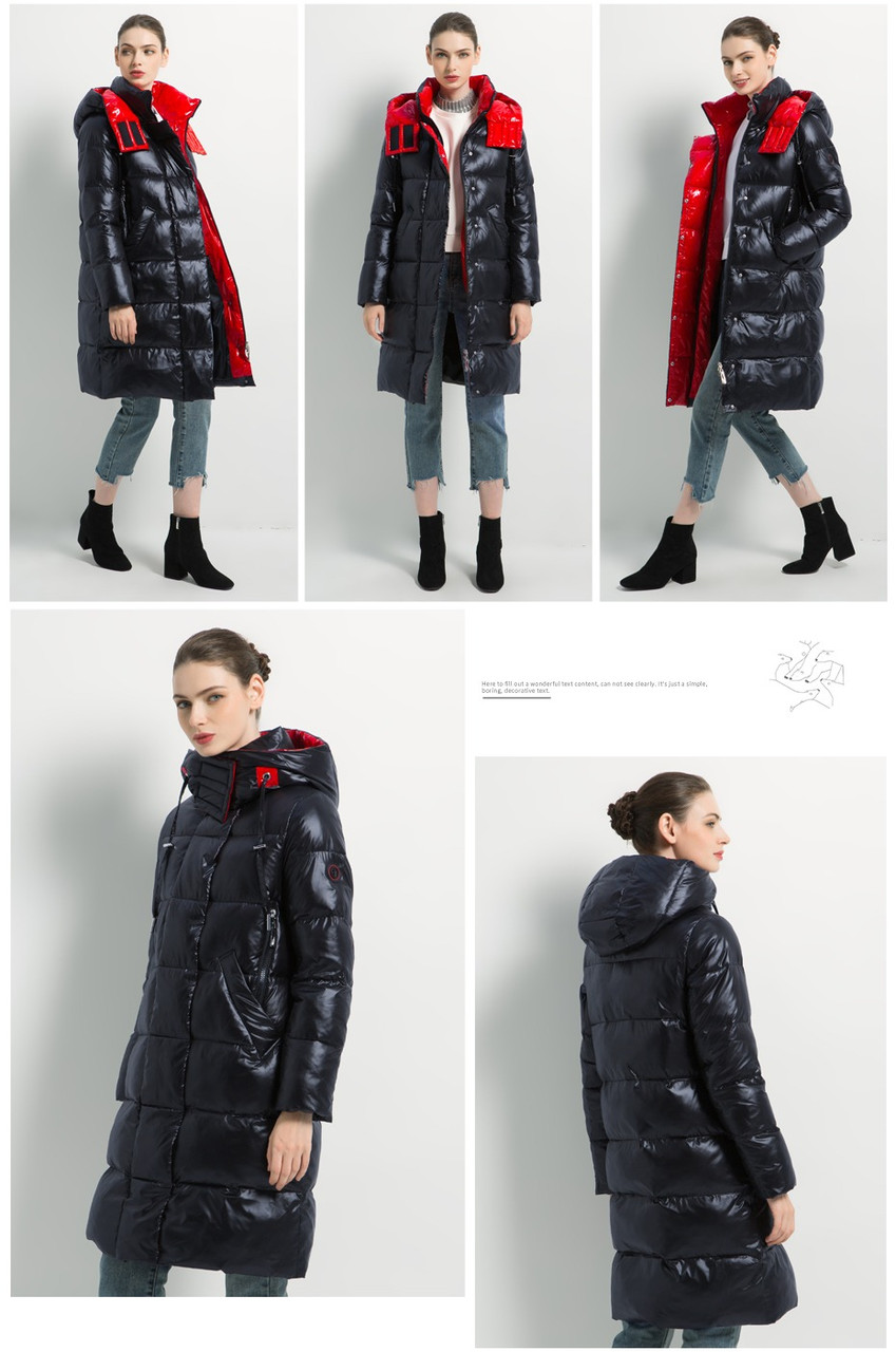 Пуховик женский зимний ICEbear. Куртка теплая удлиненная с капюшоном на биопухе (черный с красной отделкой) - фото 8 - id-p1281329605