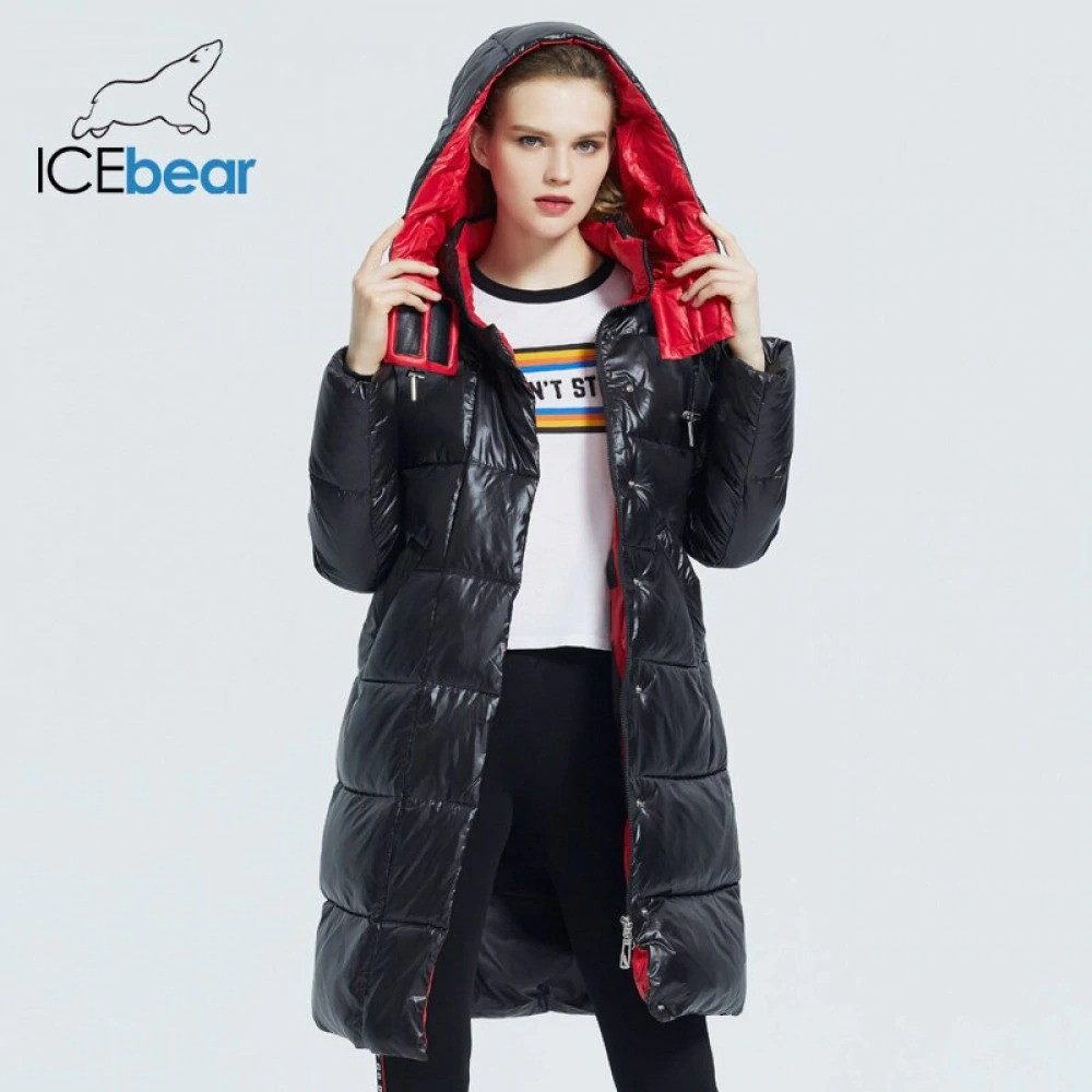 Пуховик женский зимний ICEbear. Куртка теплая удлиненная с капюшоном на биопухе (черный с красной отделкой) - фото 3 - id-p1281329605