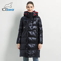 Пуховик женский зимний ICEbear. Куртка теплая удлиненная с капюшоном на биопухе (черный с красной отделкой) L
